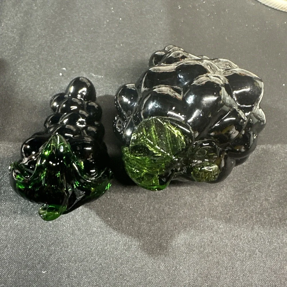 Vintage Dark Purple Glass Grape Clusters Set of 2 Red Glow Green Leaves Decor